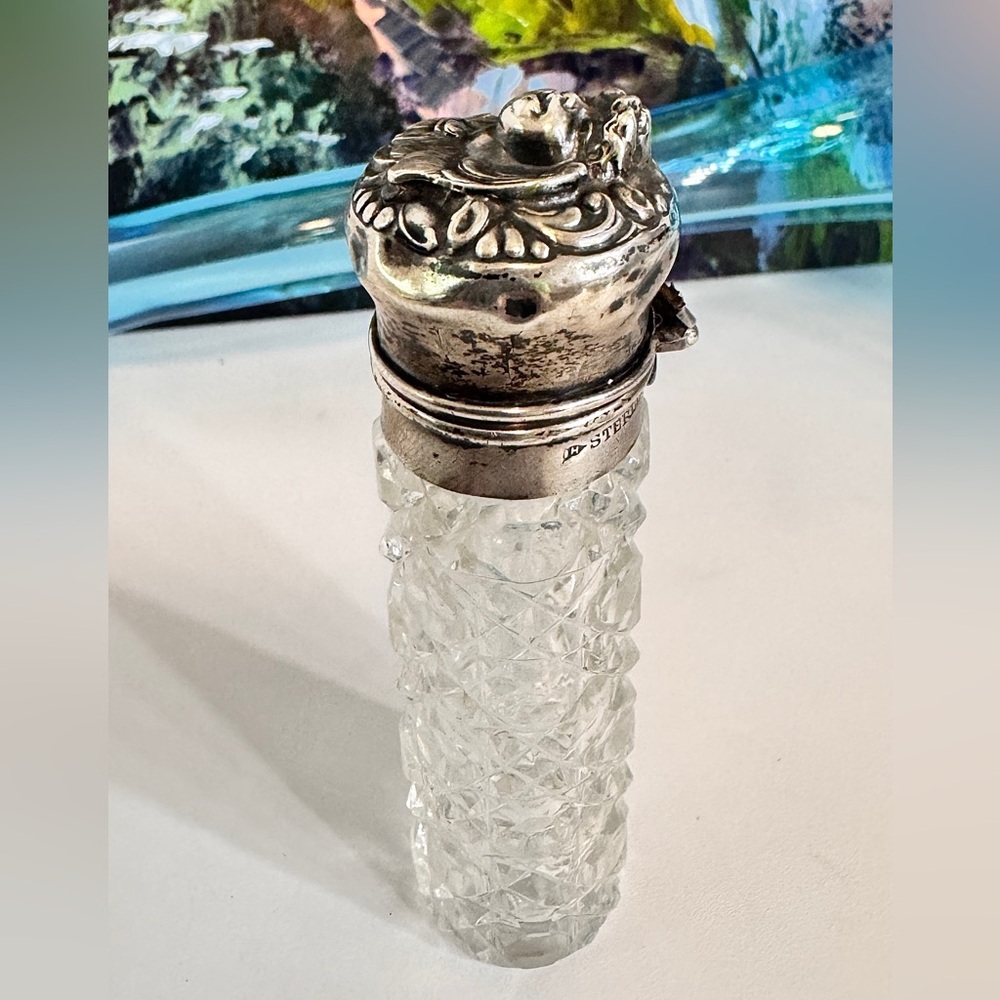 Antique Art Nouveau Sterling Silver & Cut Crystal Perfume Bottle